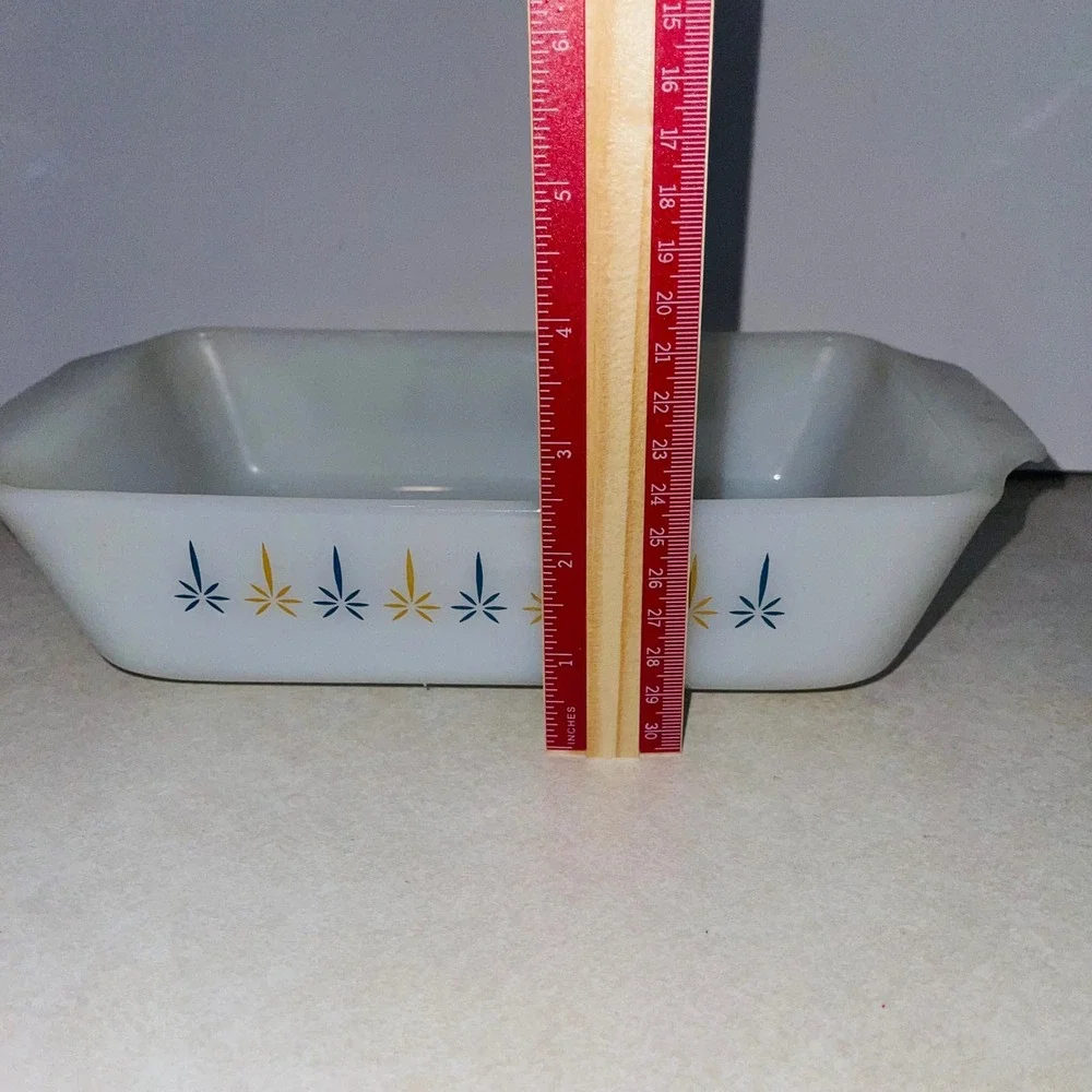 Fire-King Atomic Starburst Milk Glass Loaf Pan White Blue Gold Vintage MCM